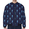 Blue Seahorse Pattern Print Zip Sleeve Bomber Jacket