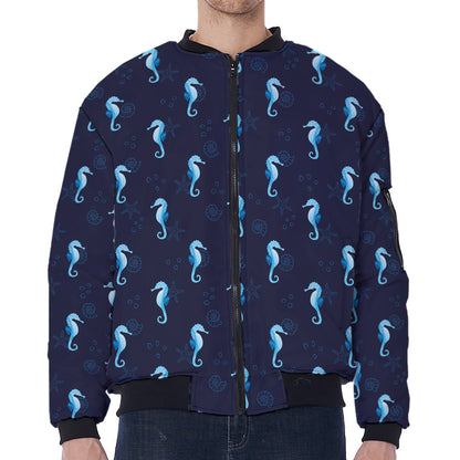 Blue Seahorse Pattern Print Zip Sleeve Bomber Jacket