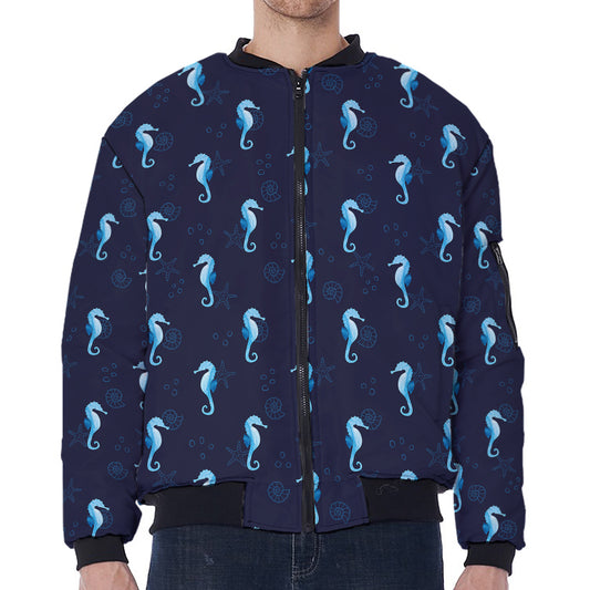 Blue Seahorse Pattern Print Zip Sleeve Bomber Jacket