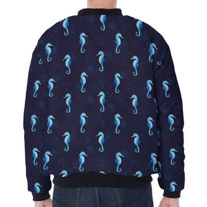 Blue Seahorse Pattern Print Zip Sleeve Bomber Jacket