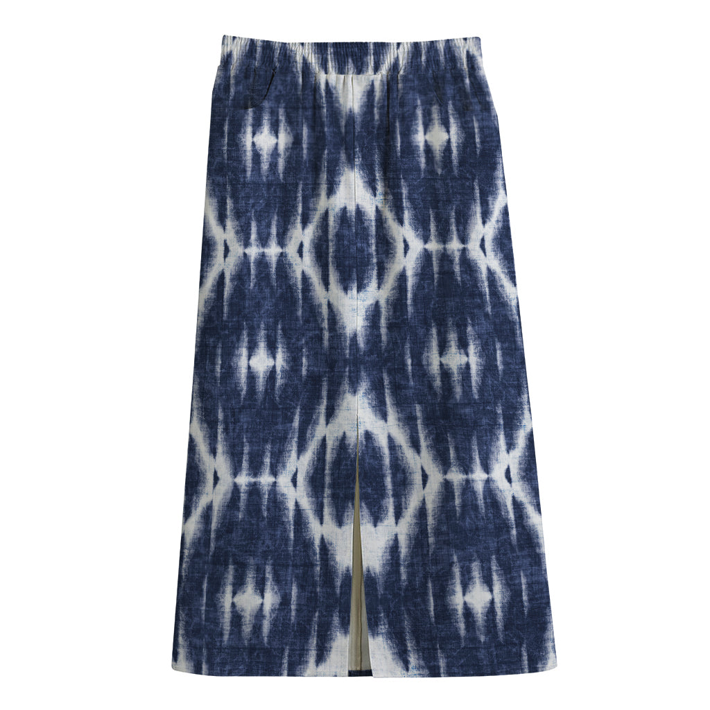 Blue Shibori Print Cotton Front Slit Maxi Skirt