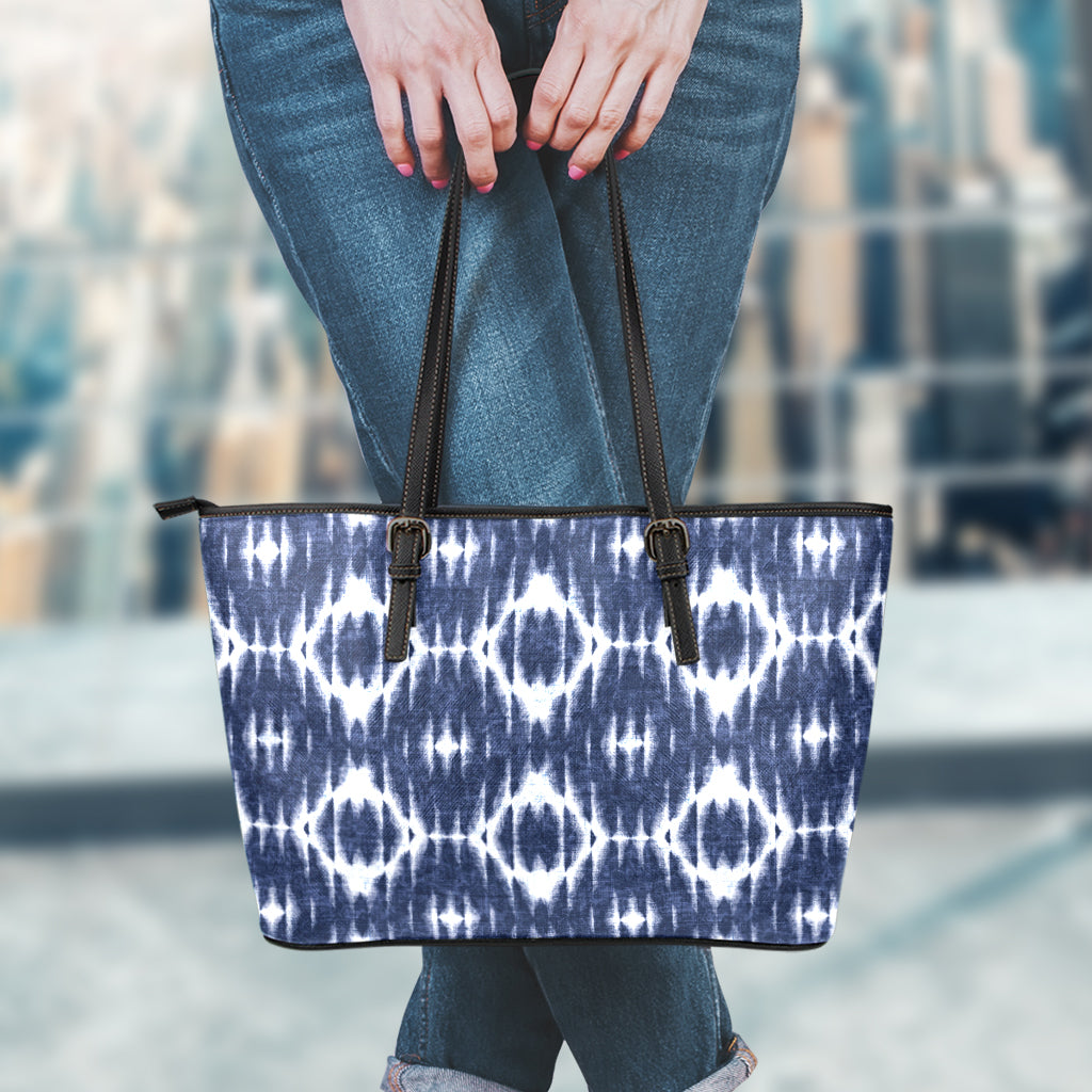 Blue Shibori Print Leather Tote Bag