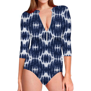 Blue Shibori Print Long Sleeve Swimsuit