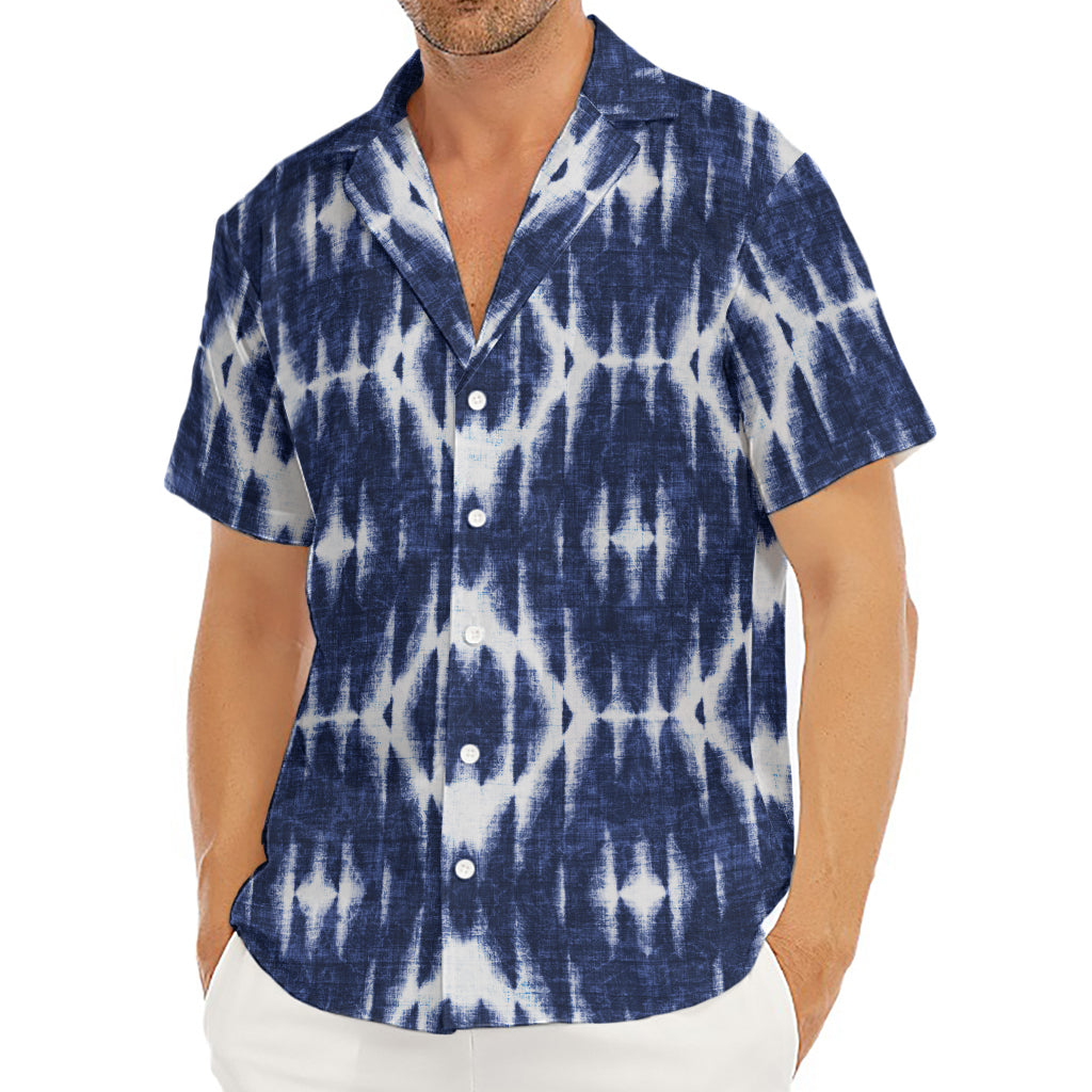 Blue Shibori Print Men's Deep V-Neck Shirt