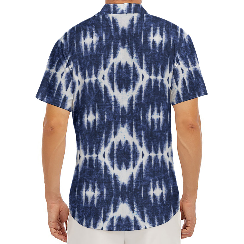 Blue Shibori Print Men's Deep V-Neck Shirt