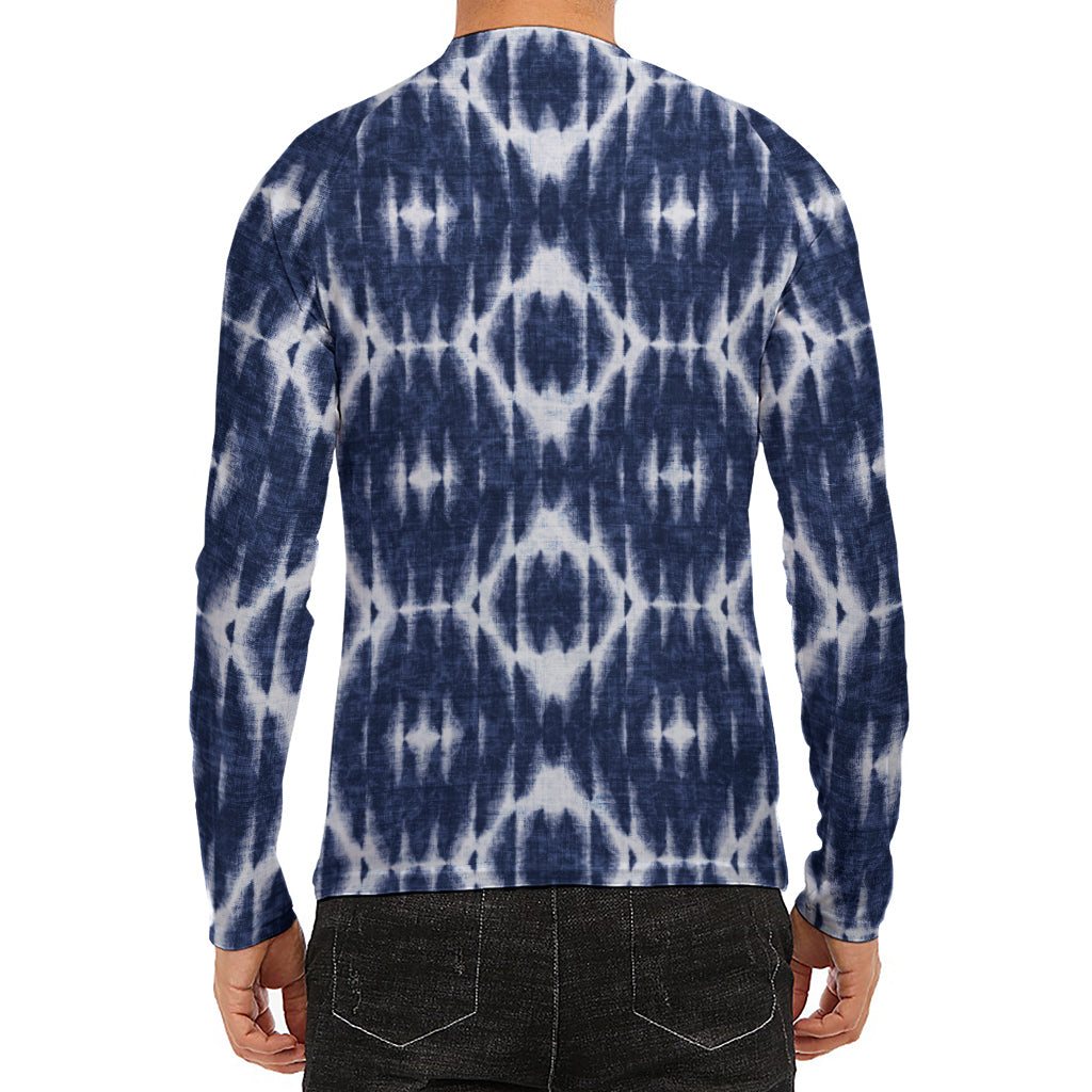 Blue Shibori Print Men's Long Sleeve Rash Guard
