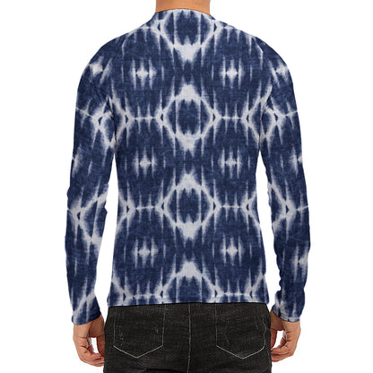 Blue Shibori Print Men's Long Sleeve Rash Guard