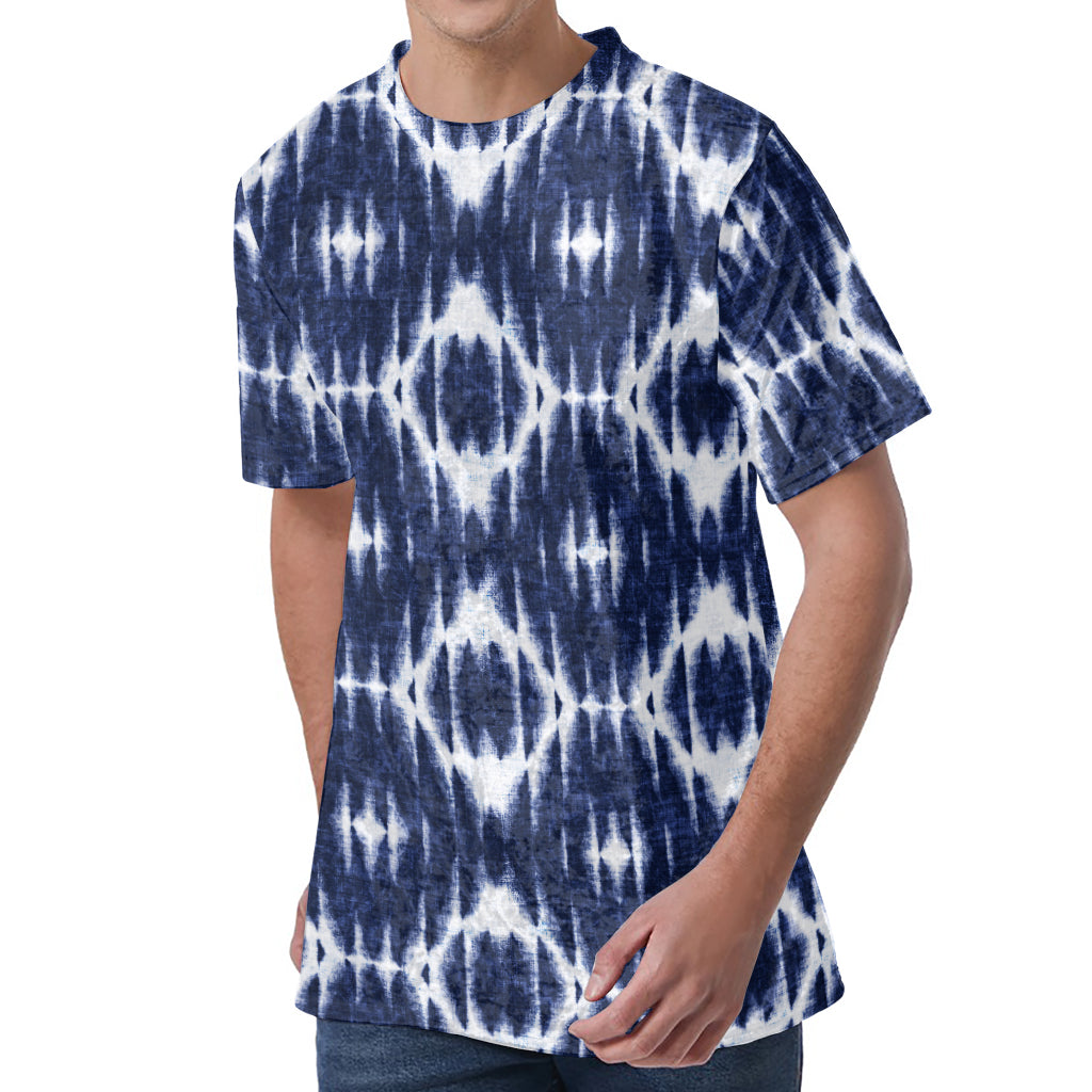 Blue Shibori Print Men's Velvet T-Shirt