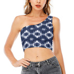 Blue Shibori Print One Shoulder Crop Top