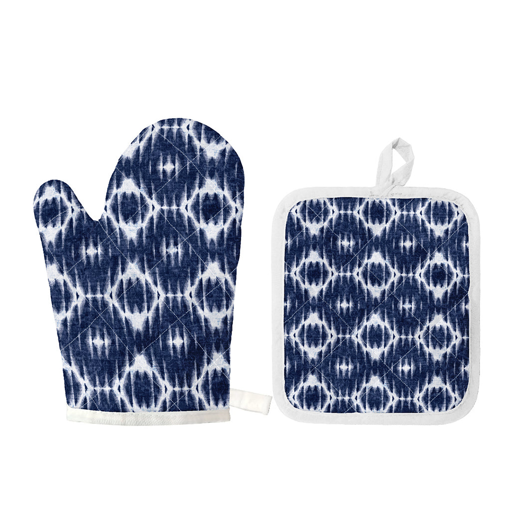 Blue Shibori Print Oven Mitt And Pot Holder Set