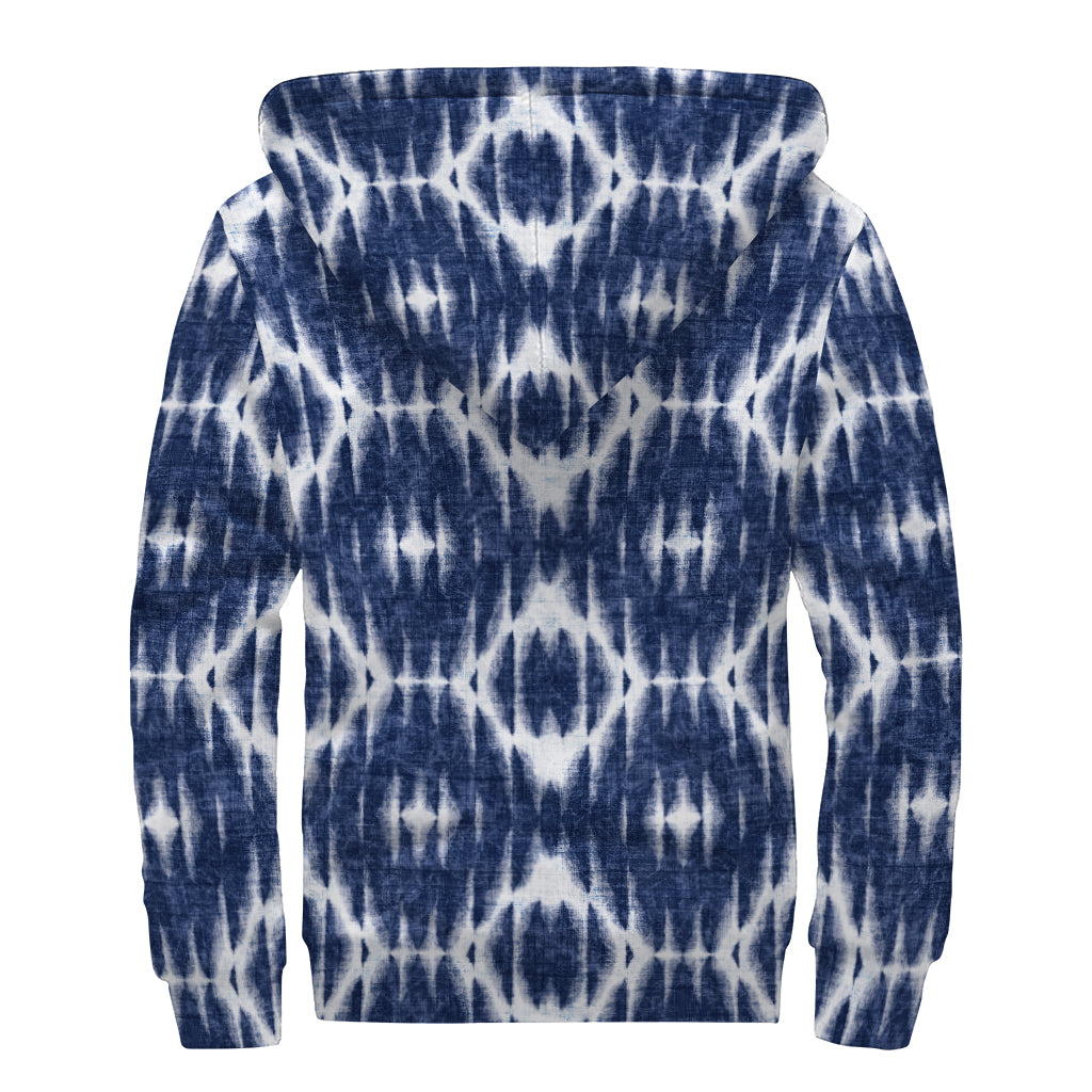 Blue Shibori Print Sherpa Lined Zip Up Hoodie