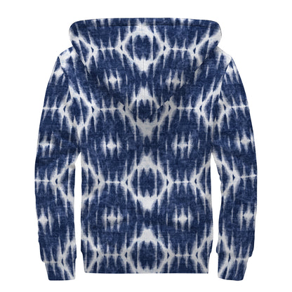 Blue Shibori Print Sherpa Lined Zip Up Hoodie