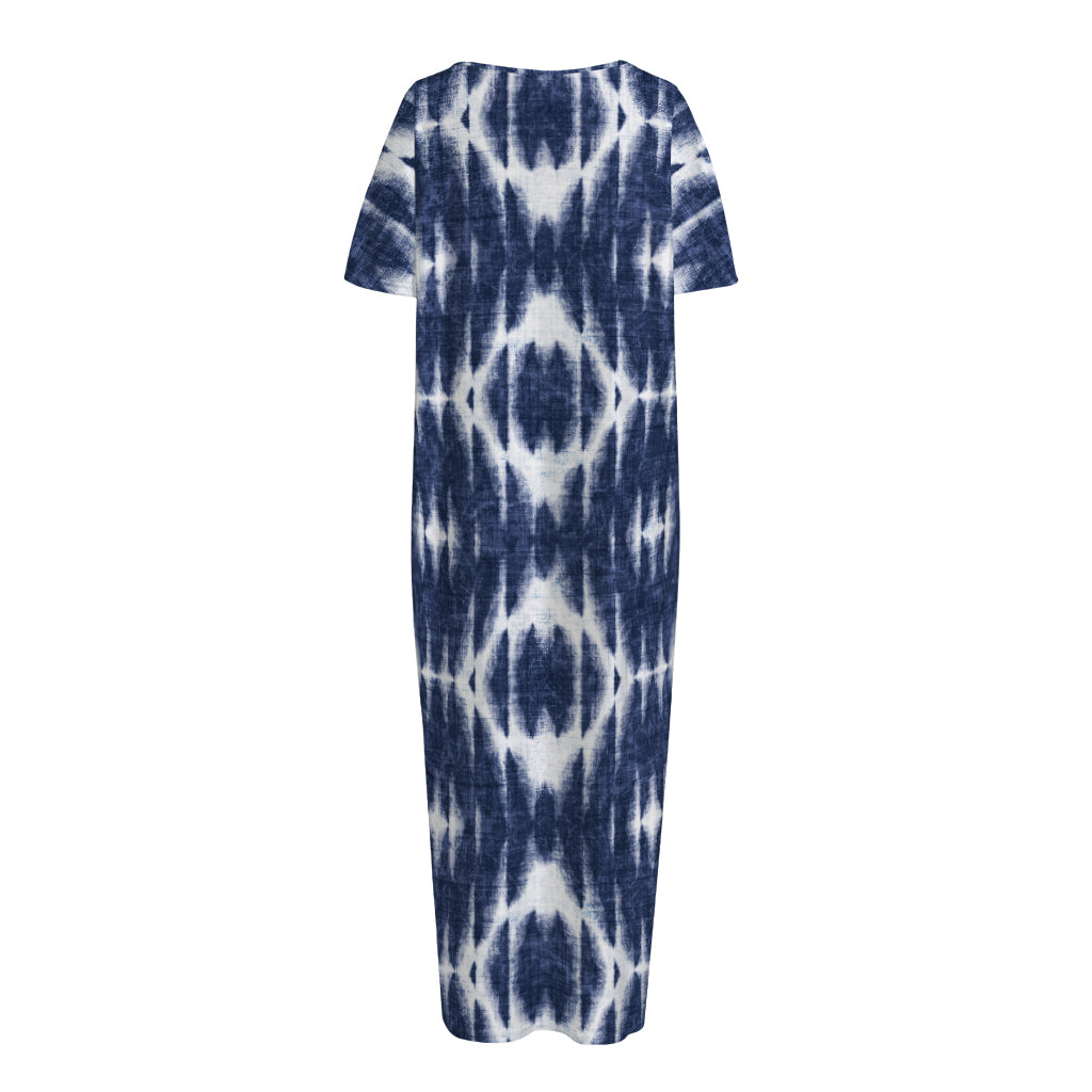 Blue Shibori Print Short Sleeve Long Nightdress