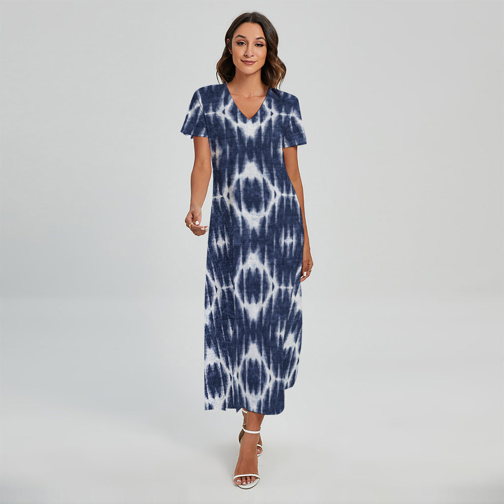 Blue Shibori Print Short Sleeve Maxi Dress