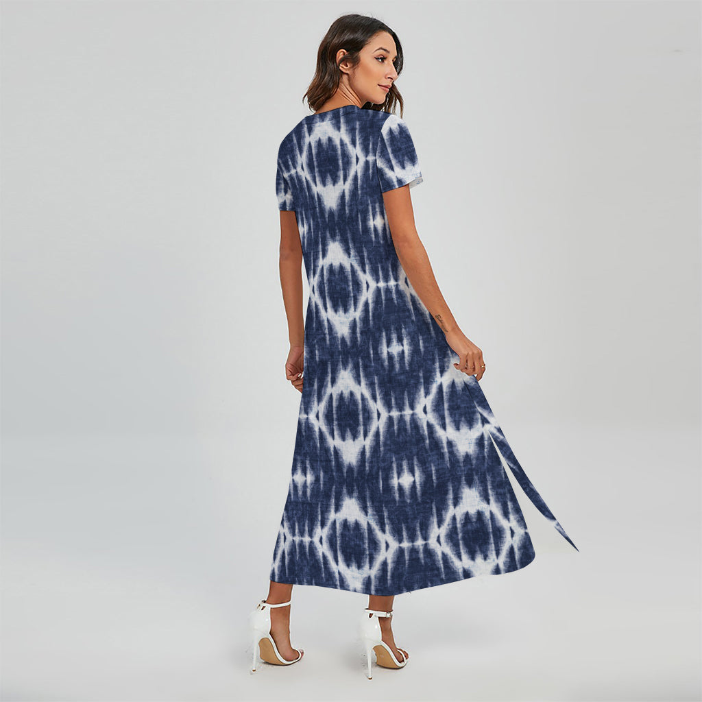 Blue Shibori Print Short Sleeve Maxi Dress