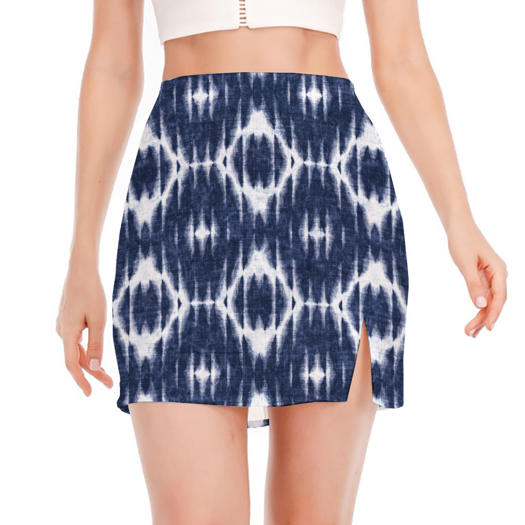 Blue Shibori Print Side Slit Mini Skirt