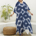 Blue Shibori Print Silk V-Neck Kaftan Dress