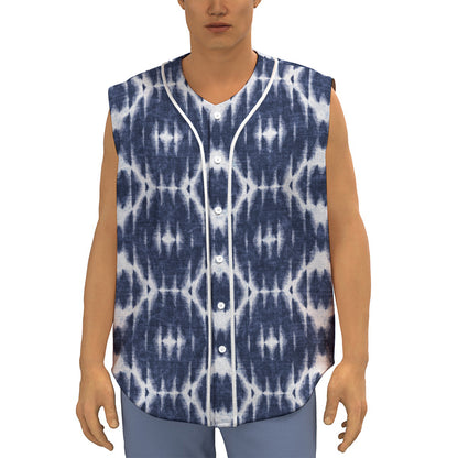 Blue Shibori Print Sleeveless Baseball Jersey