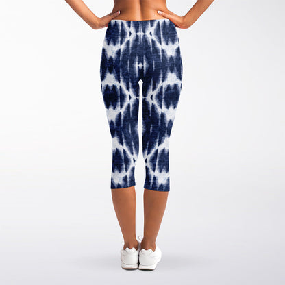 Blue Shibori Print Women's Capri Leggings