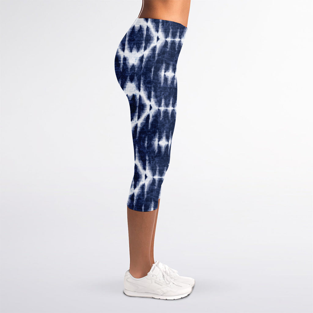 Blue Shibori Print Women's Capri Leggings