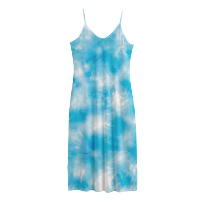 Blue Shibori Tie Dye Print Jersey Midi Cami Dress