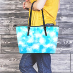 Blue Shibori Tie Dye Print Leather Tote Bag