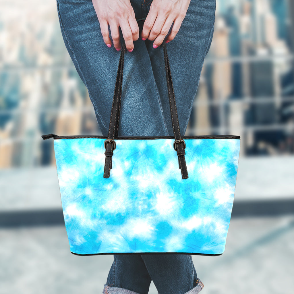 Blue Shibori Tie Dye Print Leather Tote Bag