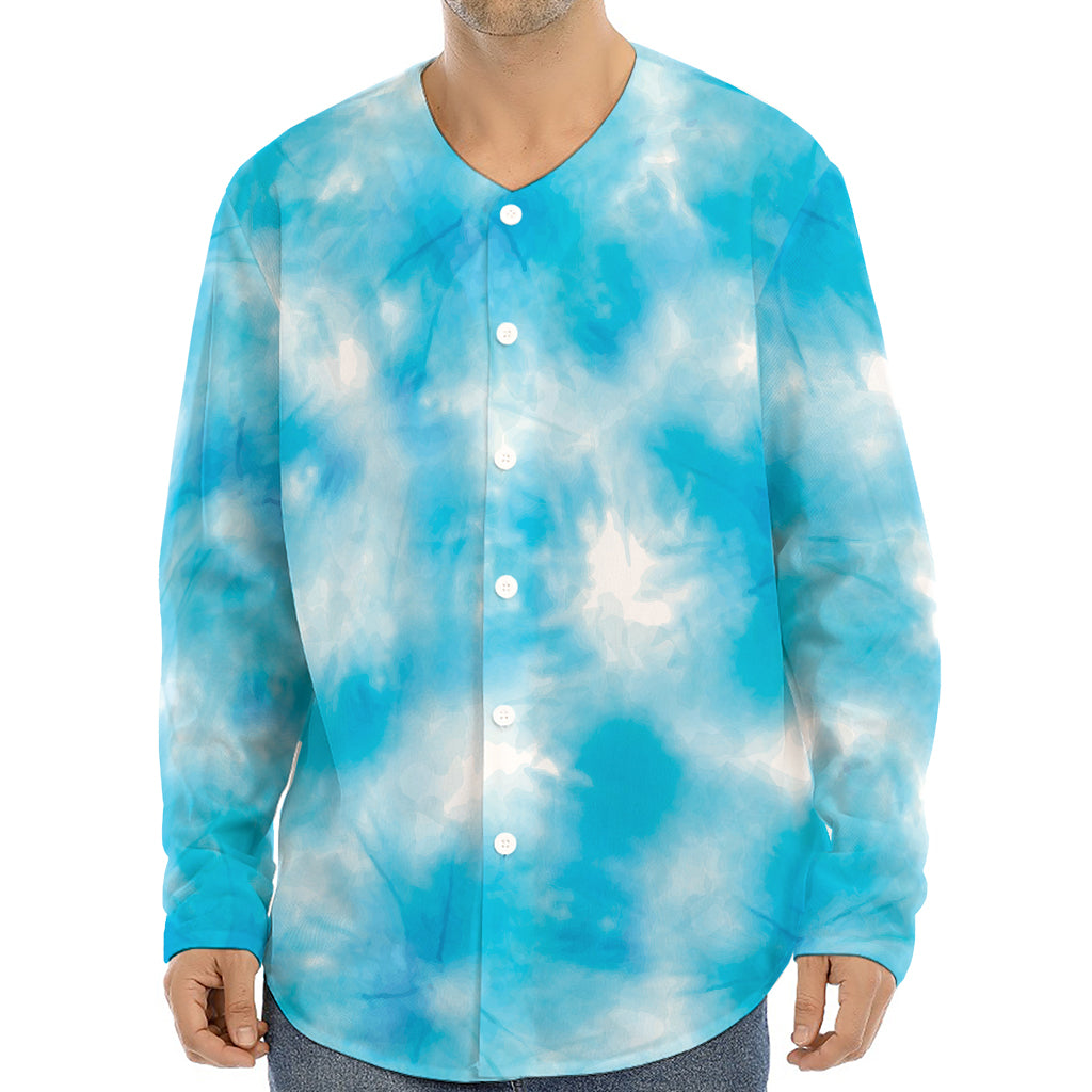 Blue Shibori Tie Dye Print Long Sleeve Baseball Jersey