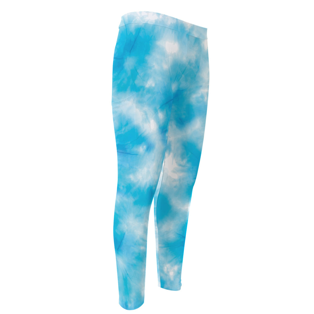 Blue Shibori Tie Dye Print Men's Compression Pants