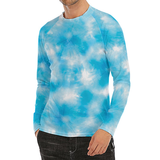 Blue Shibori Tie Dye Print Men's Long Sleeve Rash Guard