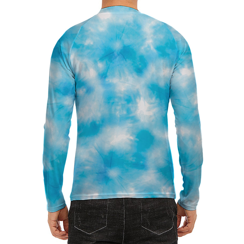 Blue Shibori Tie Dye Print Men's Long Sleeve Rash Guard