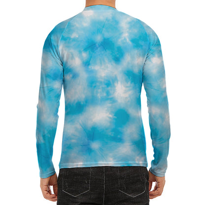 Blue Shibori Tie Dye Print Men's Long Sleeve Rash Guard