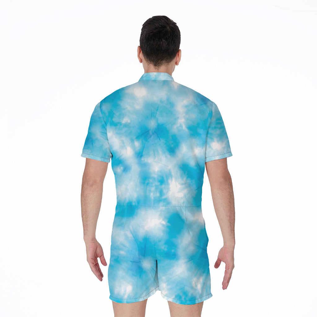 Blue Shibori Tie Dye Print Men's Rompers