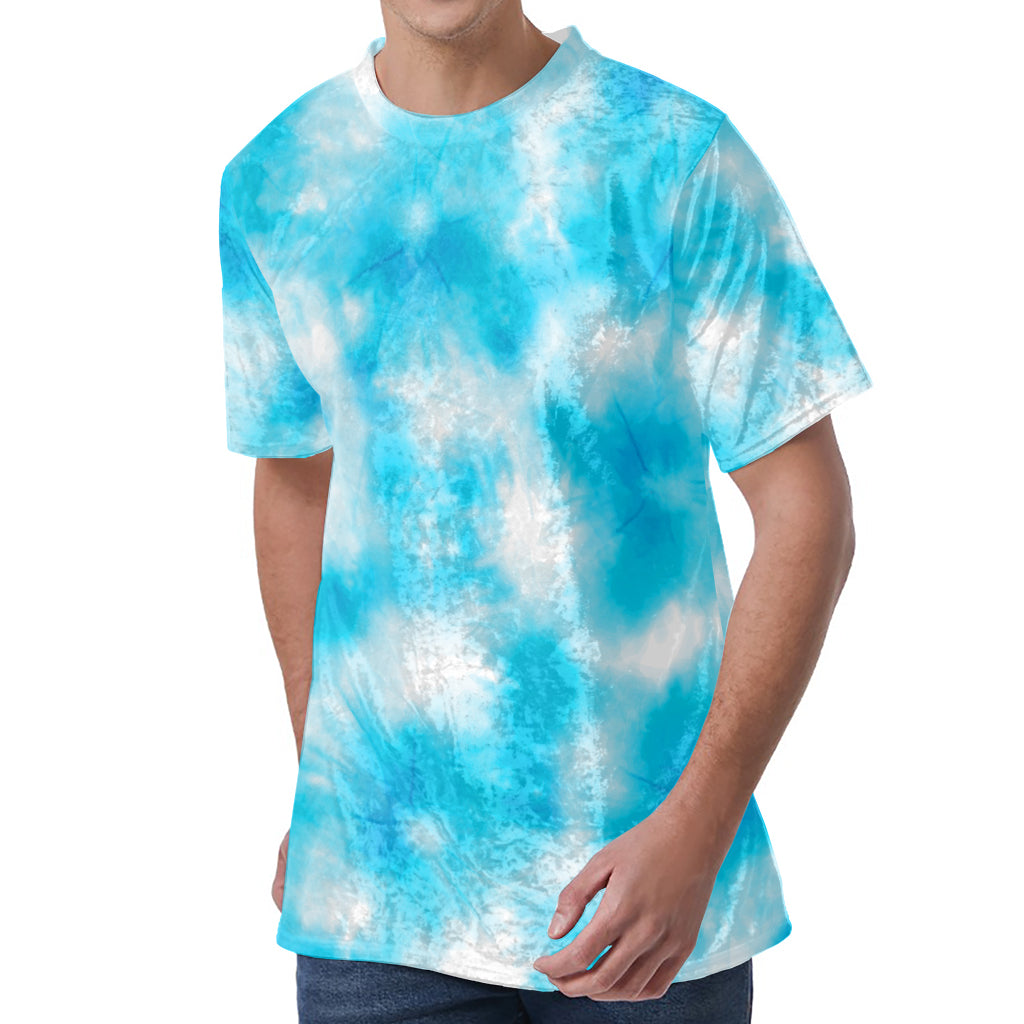 Blue Shibori Tie Dye Print Men's Velvet T-Shirt