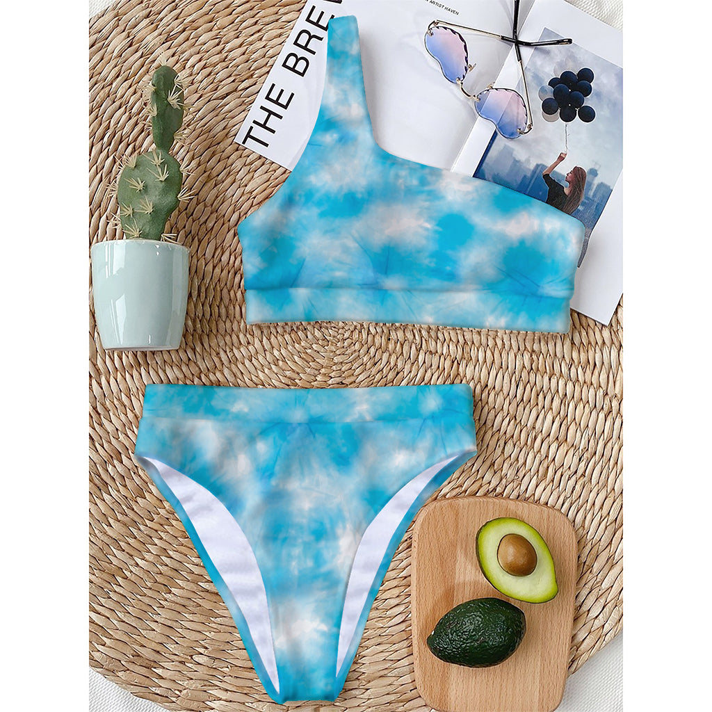 Blue Shibori Tie Dye Print One Shoulder Bikini Top