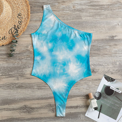 Blue Shibori Tie Dye Print One Shoulder Bodysuit
