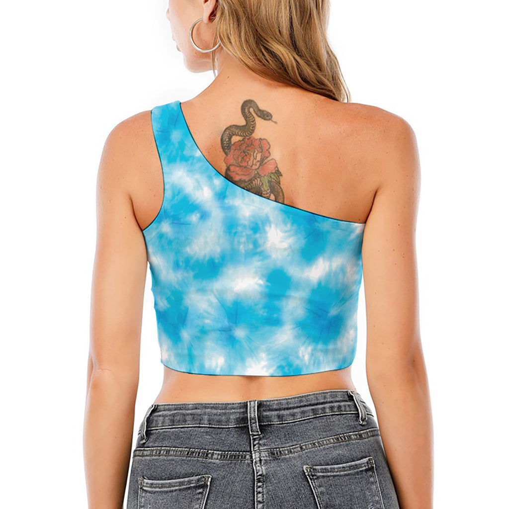 Blue Shibori Tie Dye Print One Shoulder Crop Top