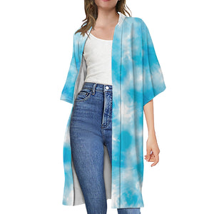 Blue Shibori Tie Dye Print Open Front Beach Cover Up