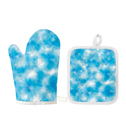 Blue Shibori Tie Dye Print Oven Mitt And Pot Holder Set