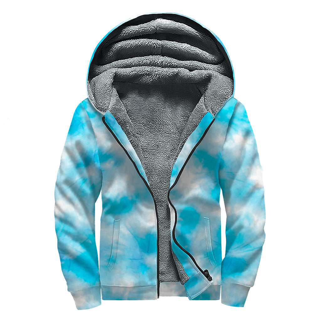 Blue Shibori Tie Dye Print Sherpa Lined Zip Up Hoodie