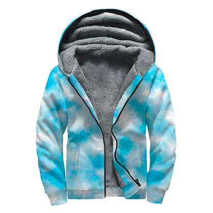 Blue Shibori Tie Dye Print Sherpa Lined Zip Up Hoodie