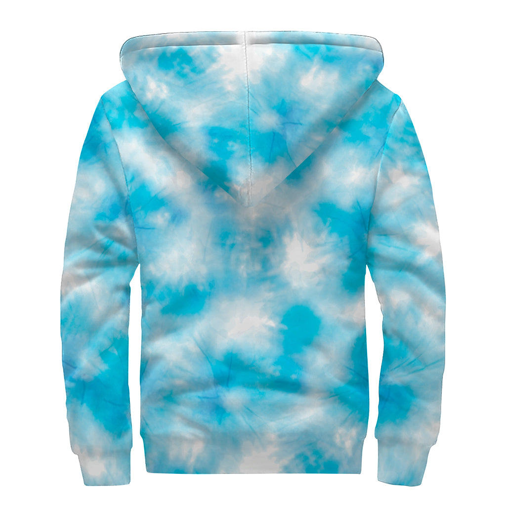 Blue Shibori Tie Dye Print Sherpa Lined Zip Up Hoodie
