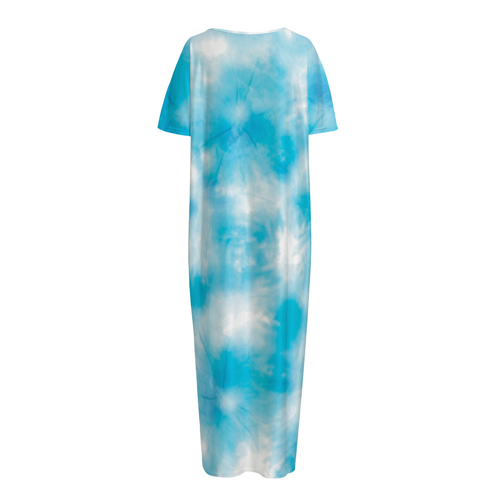 Blue Shibori Tie Dye Print Short Sleeve Long Nightdress