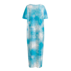 Blue Shibori Tie Dye Print Short Sleeve Long Nightdress