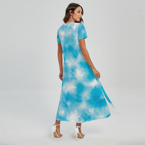 Blue Shibori Tie Dye Print Short Sleeve Maxi Dress