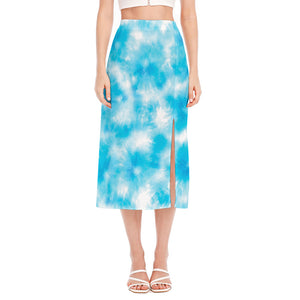 Blue Shibori Tie Dye Print Side Slit Midi Skirt