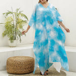 Blue Shibori Tie Dye Print Silk V-Neck Kaftan Dress
