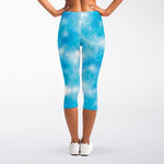 Blue Shibori Tie Dye Print Women's Capri Leggings