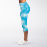 Blue Shibori Tie Dye Print Women's Capri Leggings