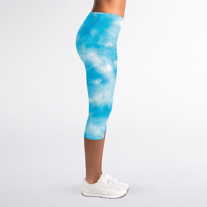 Blue Shibori Tie Dye Print Women's Capri Leggings